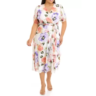 Robe Portefeuille Florale en Mousseline de Grande Taille à Manches Courtes